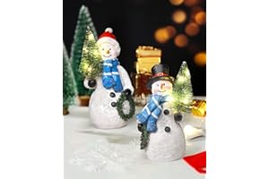 iStatue Resin Snowmen Figurines with Lighted Christmas Tree and Wreath 5'' - Set of 2 Battery Operated - Holiday Decorations Home Decor (Snowman)