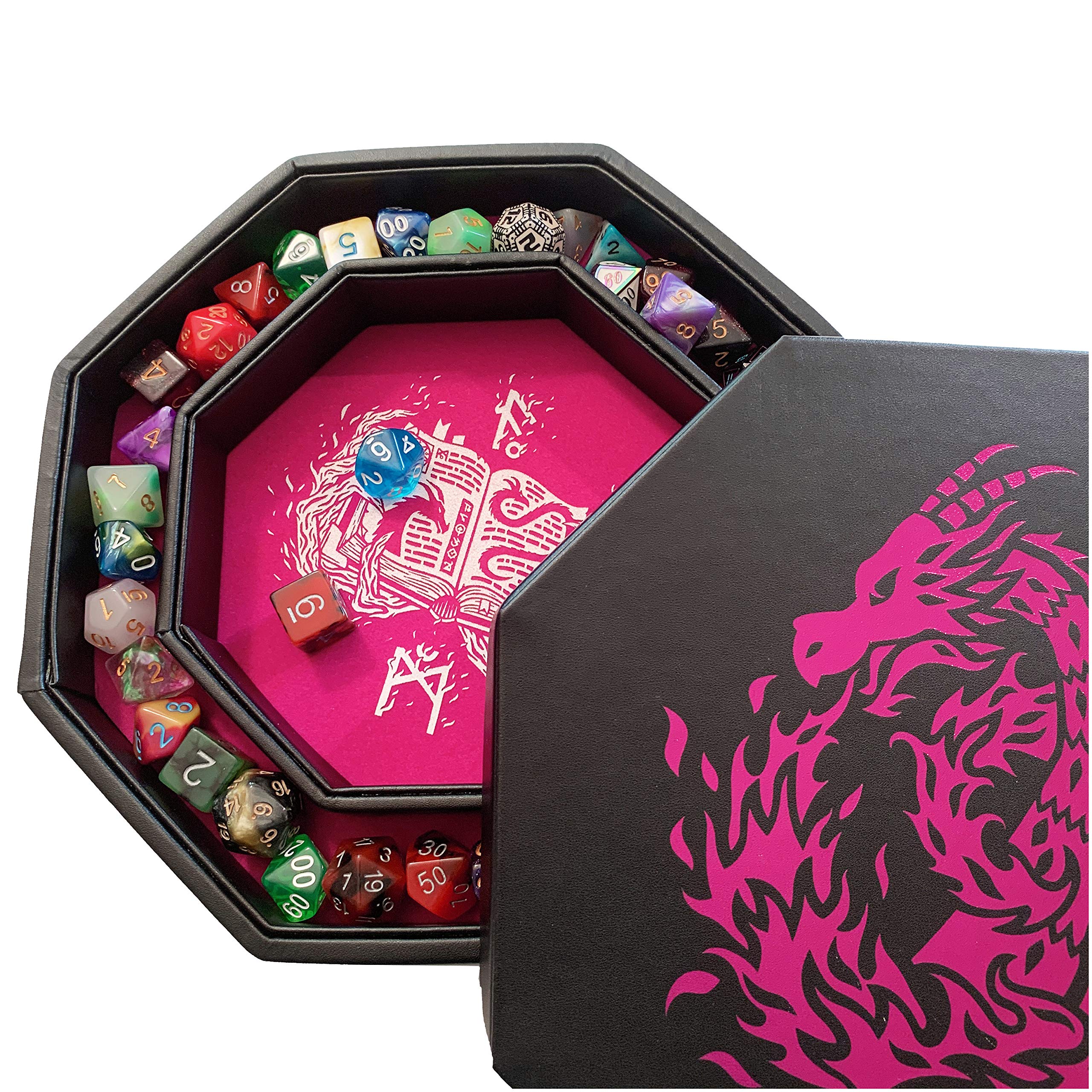 Fantasydice- Fire Dragon - Dice Tray - 20CM Octagon with Lid and Dice Staging Area- Holds 5 Sets of Dice(7 / Standard) For All Tabletop RPGs Like D&D, Call of Cthulhu, Shadowrun. (Pink)