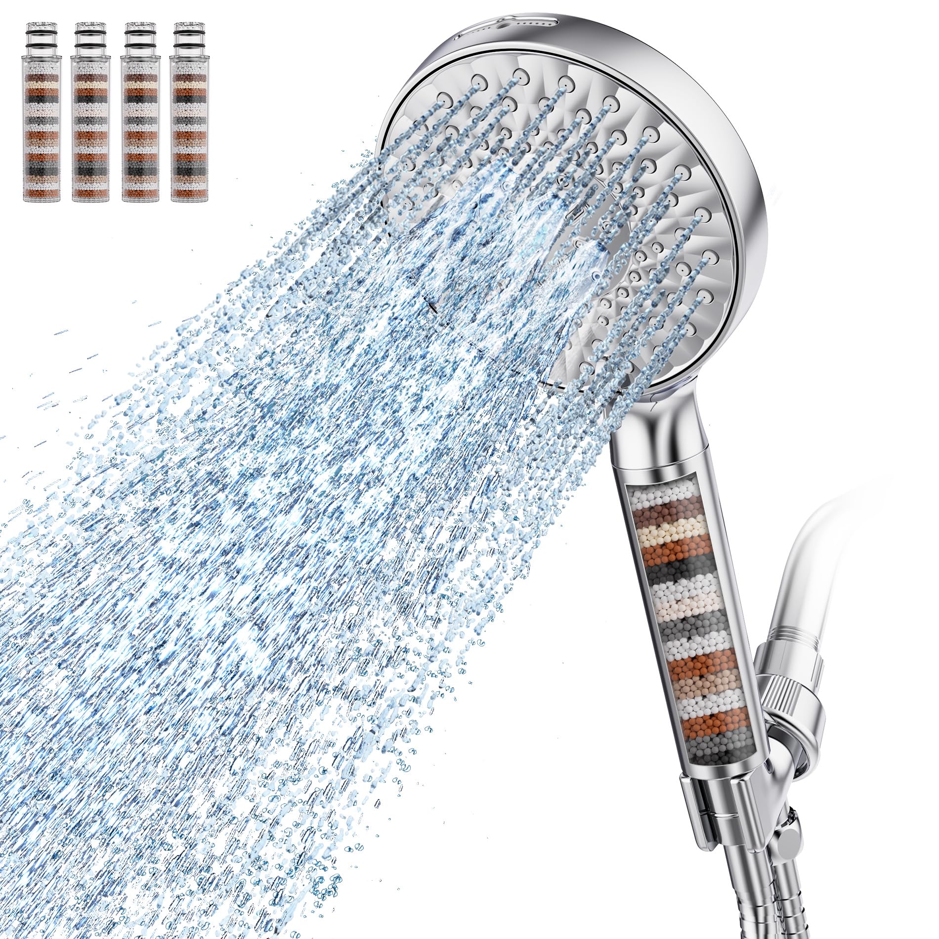 Photo 1 of Filtered Shower Head with Handheld, High Pressure 9 Spray Mode Chrome Showerhead with 4 Filters, Detachable Shower Head, Water Softener Filters Beads for Hard Water - Remove Chlorine