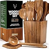 Vasilek Wooden Utensil Set XXL – 13 Piece Acacia Wood Cooking Tools with Square Holder for Nonstick Cookware with Holder & Sp