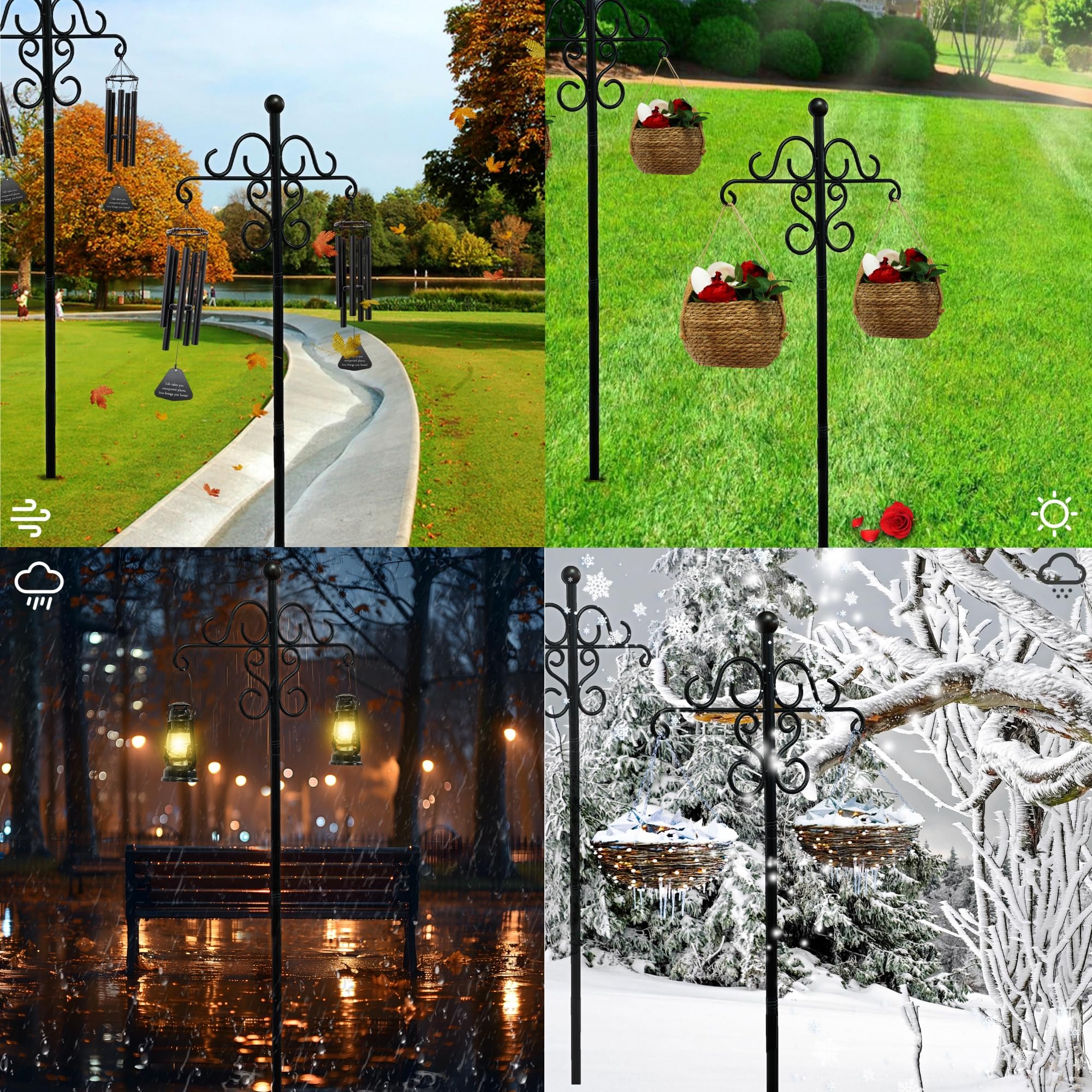 108 Inch 2 Pack Double Shepherds Hooks for Outdoor with 5 Prongs Base, Adjustable Heavy Duty Bird Feeder Poles, Garden Multi Hooks Hanger Stands for Hanging Bird Feeder, Plant Baskets, Solar Lanterns