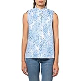 Nautica Womens Sleeveless Pintuck Ruffle Neck Tile Print Shirt