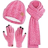 Womens Winter Warm Knit Beanie Hat Touchscreen Gloves Long Neck Scarf Set with Fleece Lined Skull Caps Gifts for Women