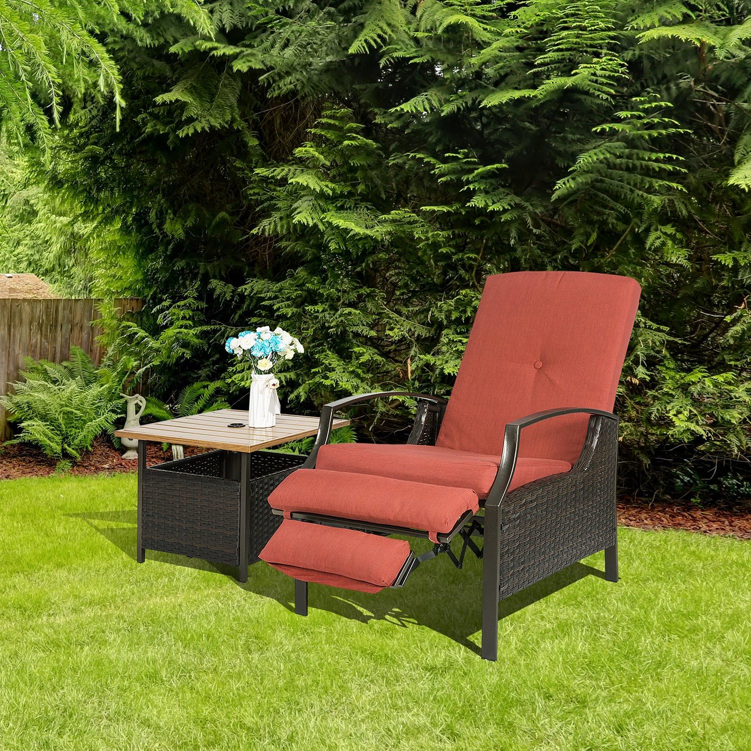 AbocoFur Patio Wicker Adjustable Recliner Chair, Outdoor Relaxing Lounge Chair with Thick Removable Cushion, Steel Frame Rattan Sofa for Garden, Backyard, Porch, Water Resistant, Red: Kitchen & Dining