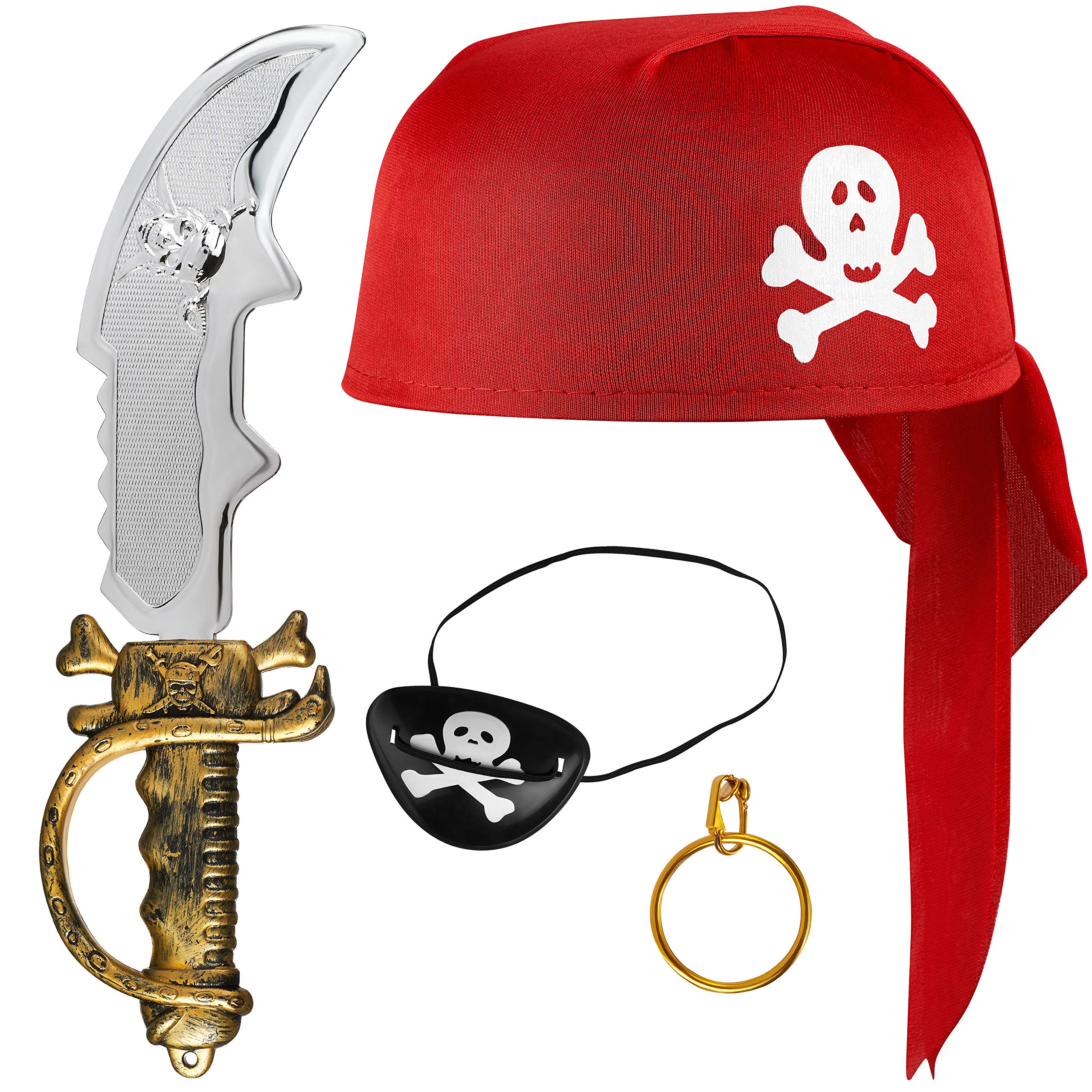 Balinco Pirate set 4-piece for children consisting of red pirate hat + sabre + eye patch + golden earring - costume set for carnival