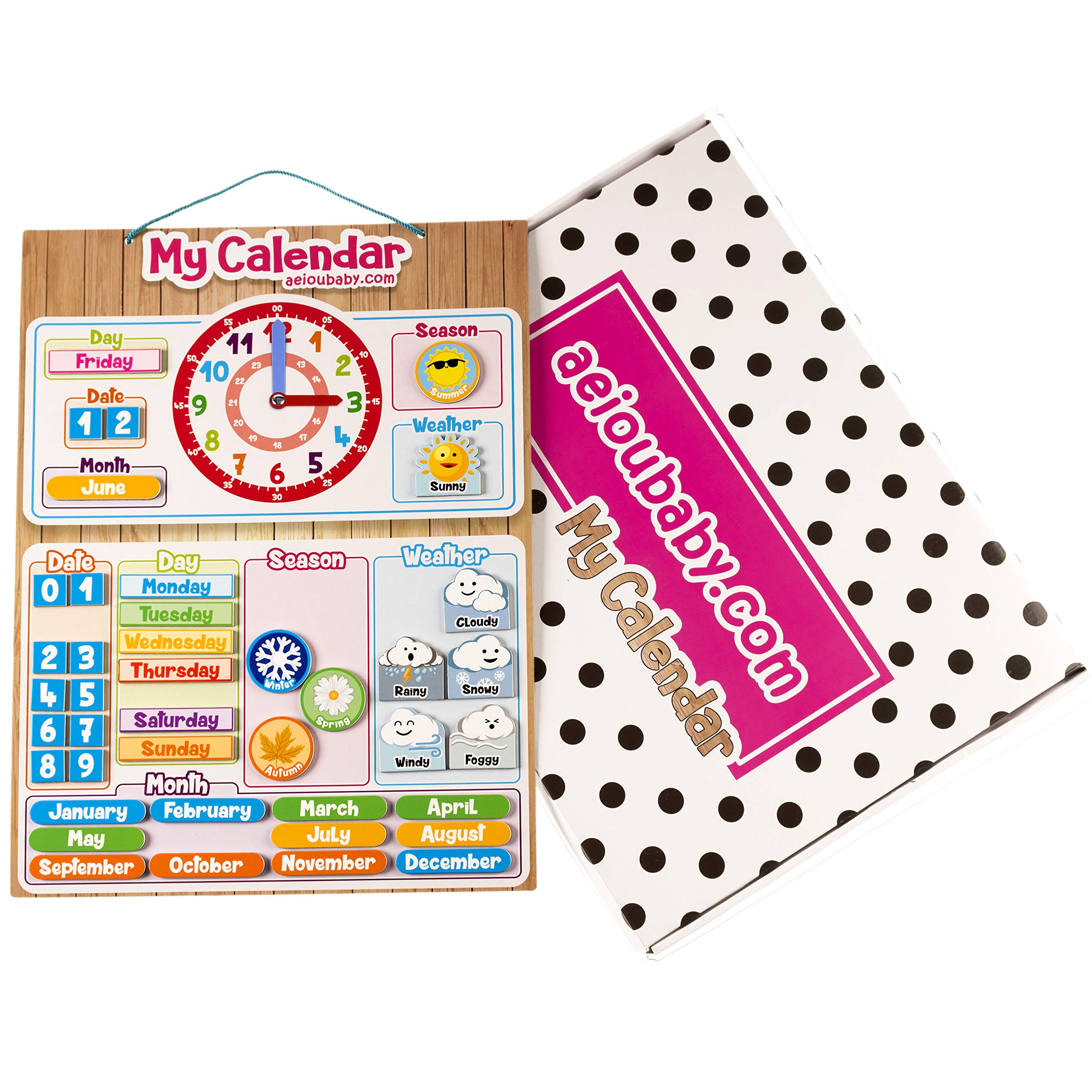 Magnetic children's calendar with clock | Educational game for learning time and date | Calendar for children, 43x32cm, for wall or refrigerator | Gift box, ideal for classrooms (English)