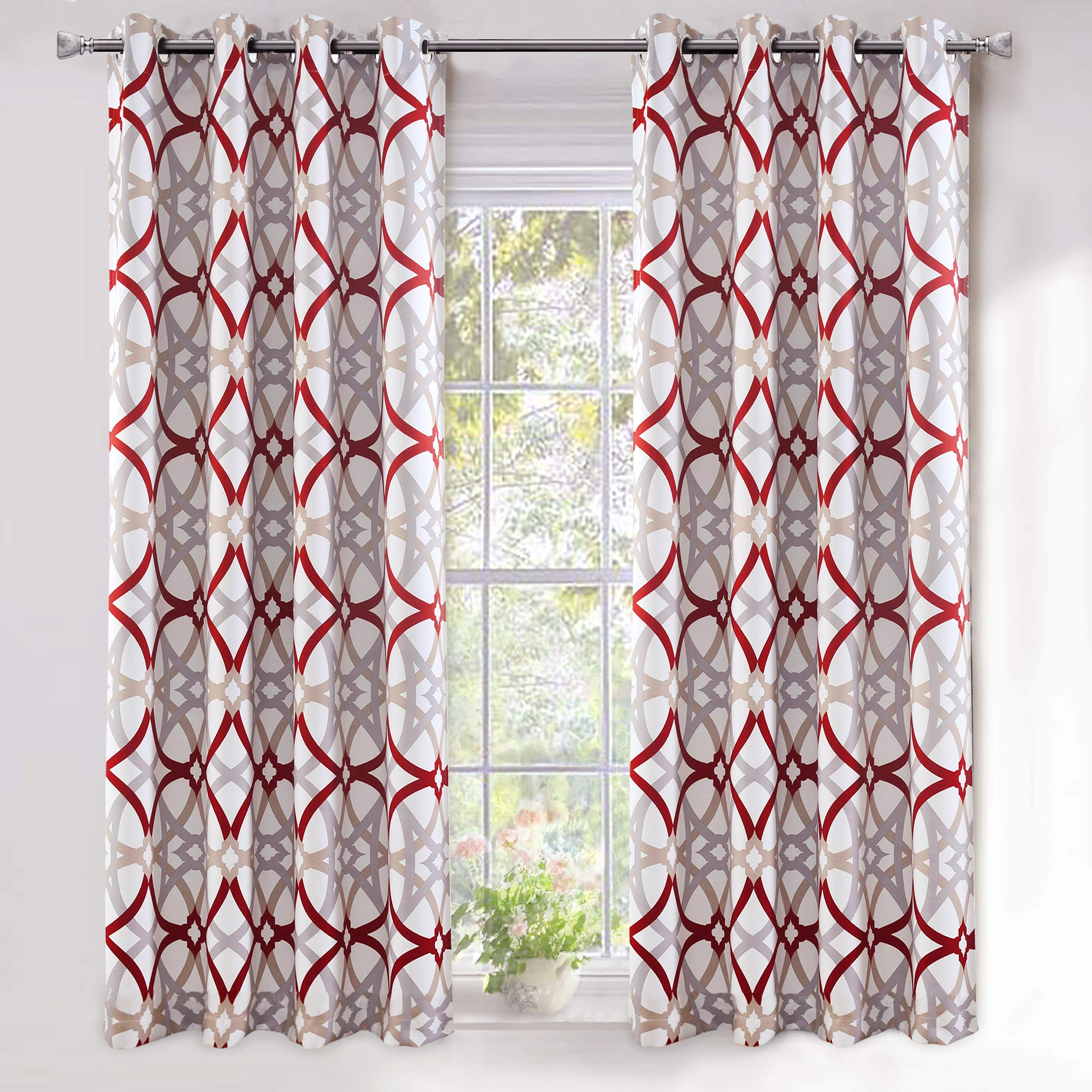 Photo 1 of DriftAway Alexander 80% Blackout Curtains for Living Room 250GSM Pattern Match Thermal Insulated Room Darkening Geo Moroccan Mid Century Grommet Bedroom Drapes 2 Panels 52 Inch by 63 Inch Red Gray