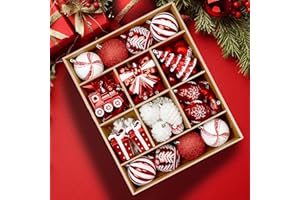 Alupssuc 82pcs Christmas Balls Ornaments Set, Delightful Classic Gift Set Gift Set, Shatterproof Plastic Decor for Xmas Tree Holiday Wedding Party Decorations with Hanging Strings, Red and White