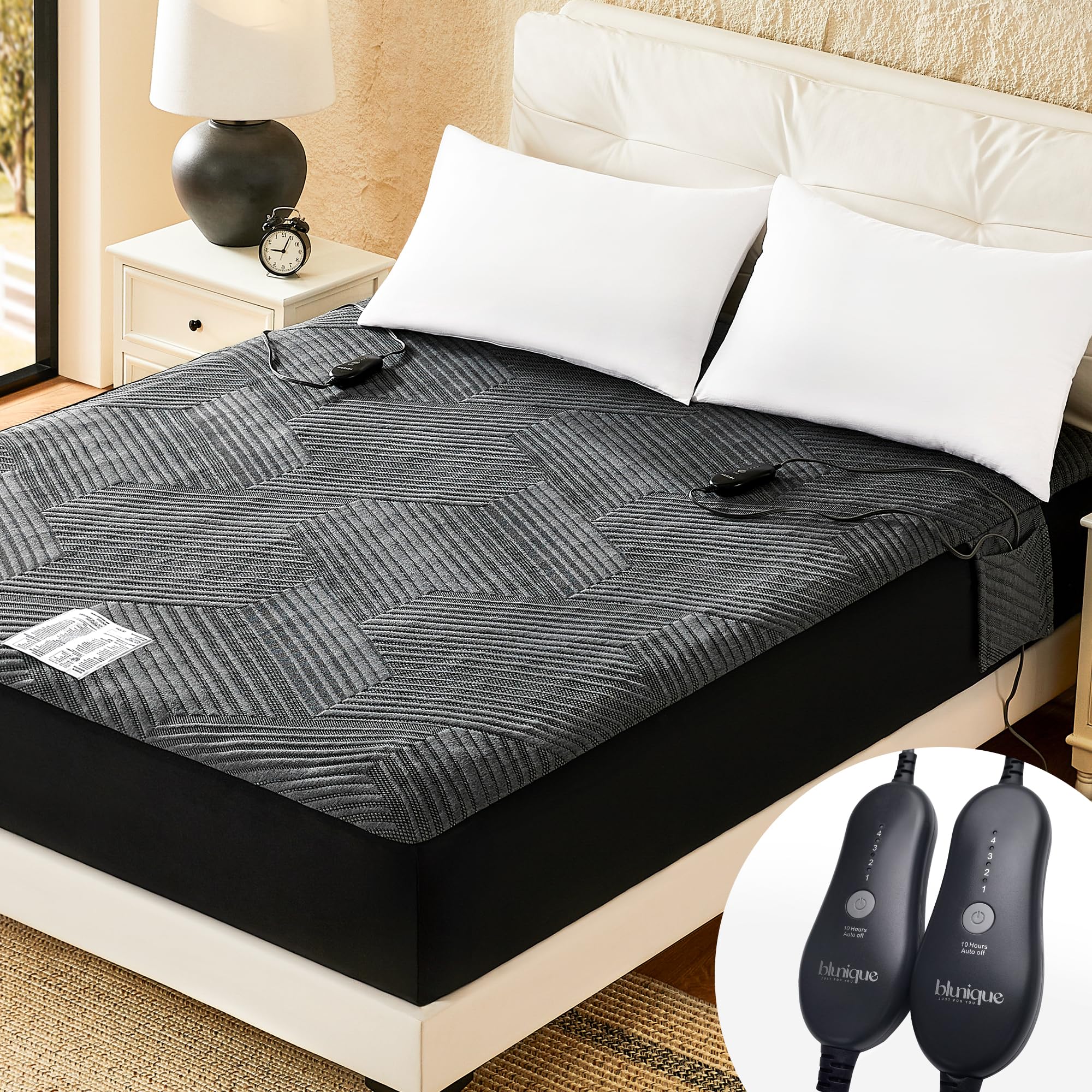 Photo 1 of blunique Electric Heated Mattress Pad King Size Dual Control Bed Warmer, Deep Pocket, Side Storage Pouch for Controller, Machine Washable, 3D Air Layer Fabric, 78"x80", Black Charcoal