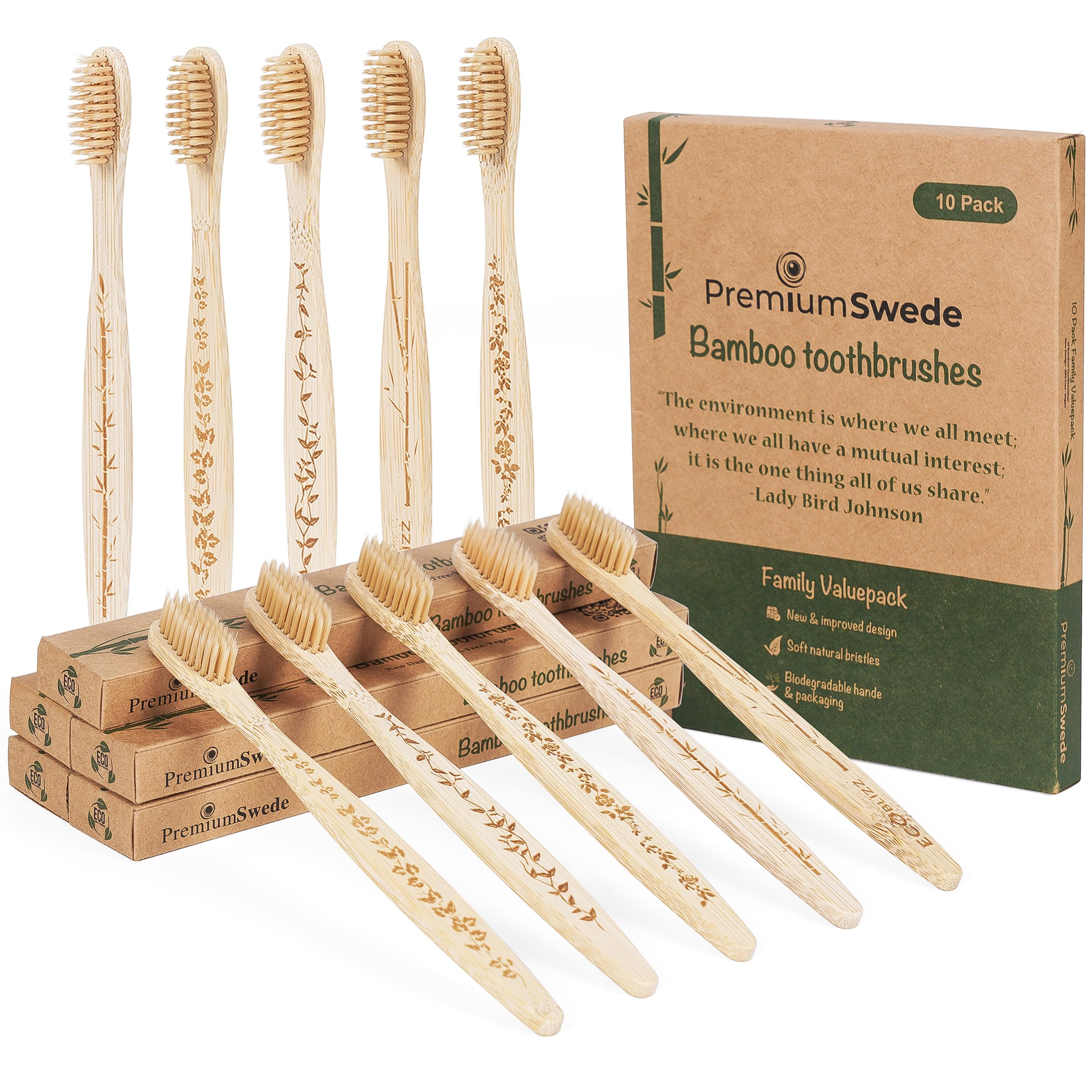 PremiumSwede Bamboo Toothbrushes Multipack - Eco-Friendly Soft for Adults, Kids - Natural Wooden - 10 Pack Family Travel Set