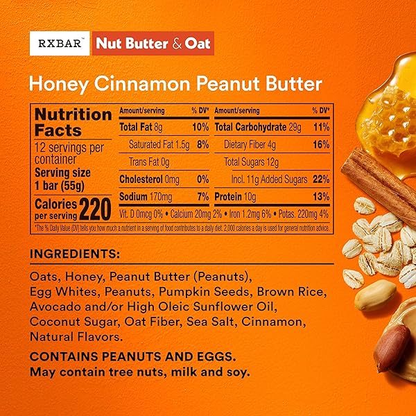 RXBAR NUT BUTTER AND OAT PROTEIN BARS, PROTEIN SNACKS, SNACK BARS, HONEY CINNAMON PEANUT BUTTER, 23.2OZ BOX (12 COUNT)