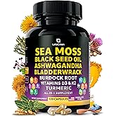 Sea Moss Capsules – 17-in-1 Blend with Black Seed Oil Ashwagandha Bladderwrack Burdock Root Turmeric Vitamin D3 K2 C for Daily Wellness – Multimineral Supplement for Men & Women – 120 Count