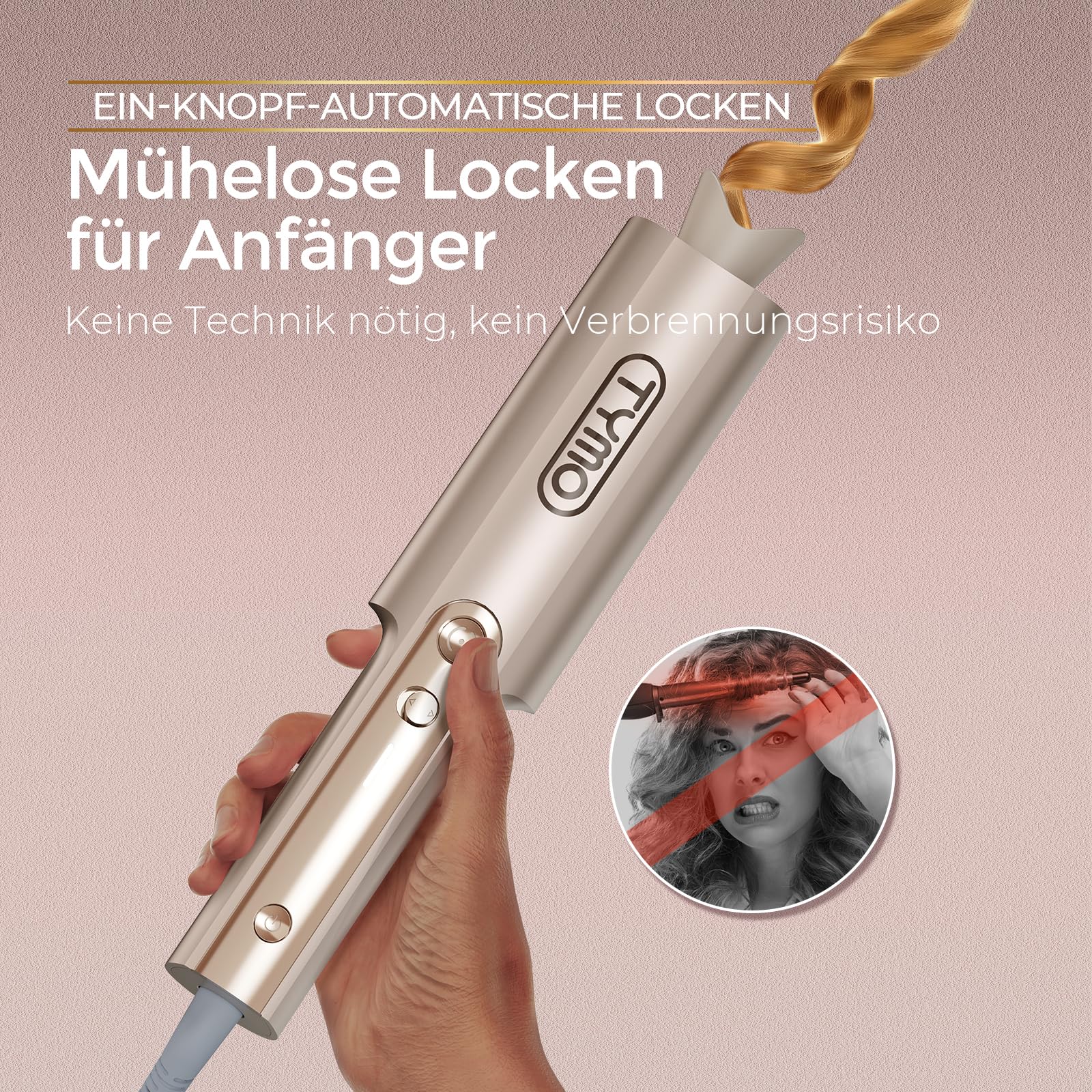 Lockenstab Automatisch - Lockenstab Große Locken 25mm Beach Waves Lockenwickler für Lange Haare TYMO Curlpro Plus Anti-Verbrennungs Hair Curler Automatischer Lockenstäbe Schnelle Erhitzung, Gold 2