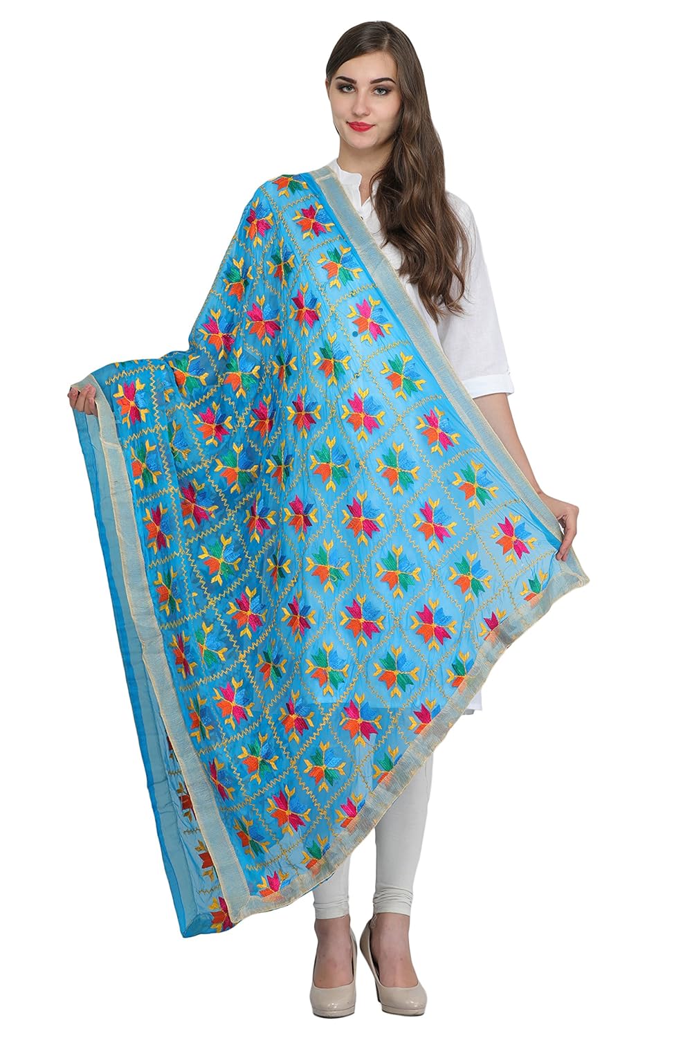 aksara women's chiffon phulkari embroidered dupatta (da619, blue, free size)