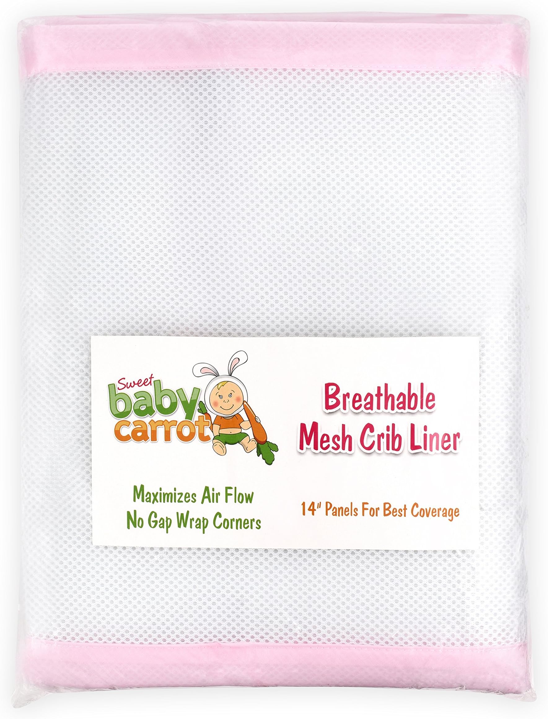 Sweet Baby Carrot White Breathable Mesh Crib Liner Adorable With Nursery Bedding Comfort & Durable Better Bumper for Infants (Pink)