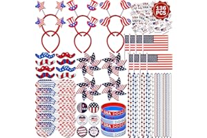 DysanVica 136PCS 4th of July Accessories - Patriotic Party Favors Fourth of July Decoration Supplies Headband Shutter Glasses Tattoo Sticker Necklace Flag American Memorial Independence Day USA Themed
