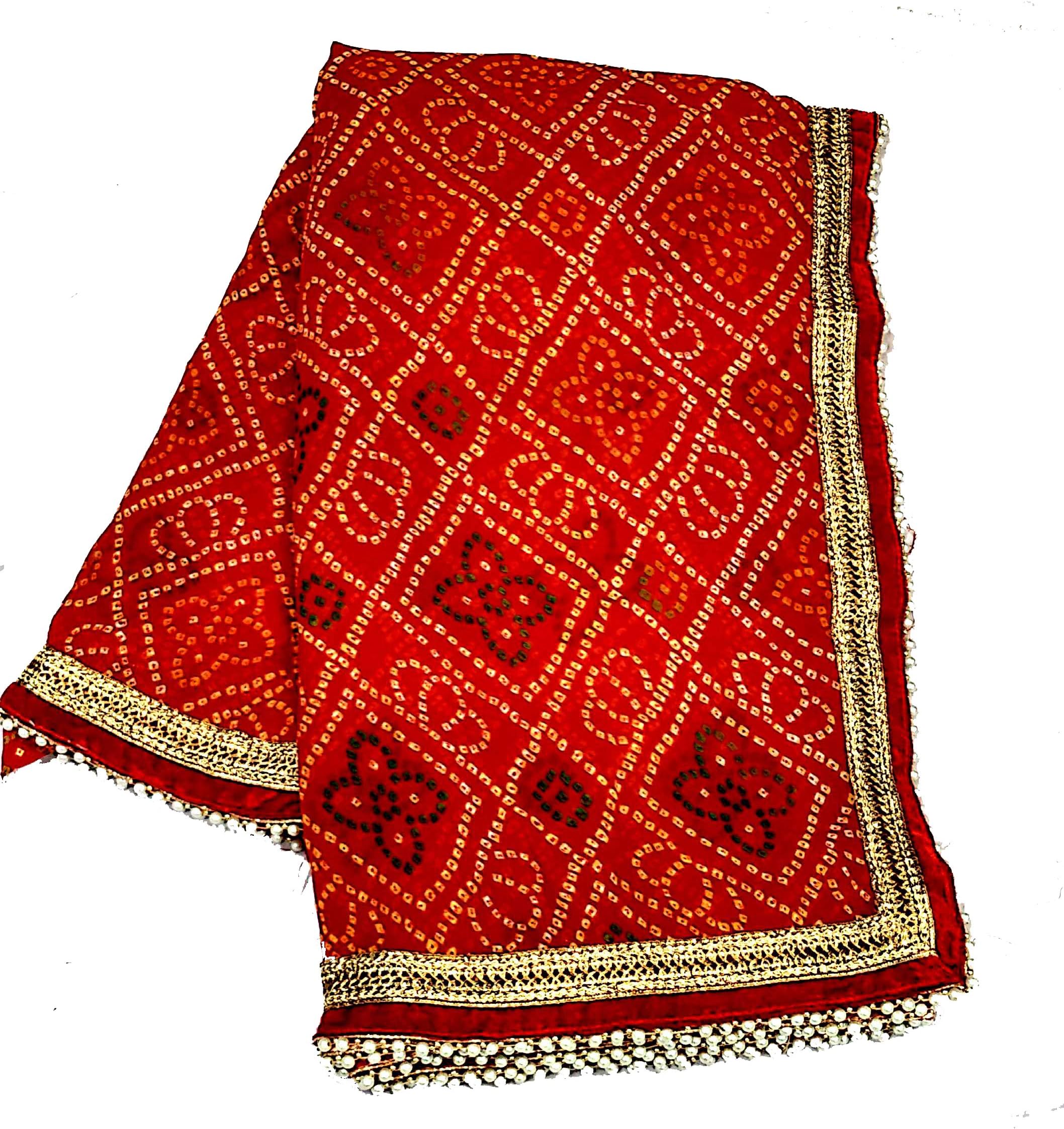 KANHA Women's Georgette Traditional Rajasthani Moti Border Bandhani Bandhej Saree (PPKLO9, Red)