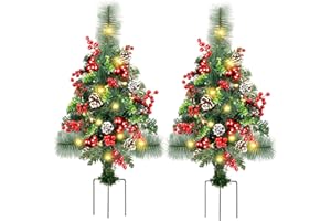 GUOOU Set of 2 Pathway Christmas Tree Urn Filler, Lighted Artificial Mini Xmas Trees with Lights, Outdoor Christmas Decorations for Porch, Driveway, Yard (5 Pine Cones)