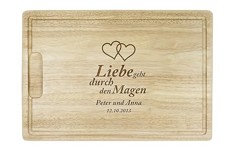 Schneidebrett mit besonderer Gravur' Liebe geht durch den Magen' - Motiv [HERZEN]- Personalisiert mit [WUNSCHNAMEN] und [DATU