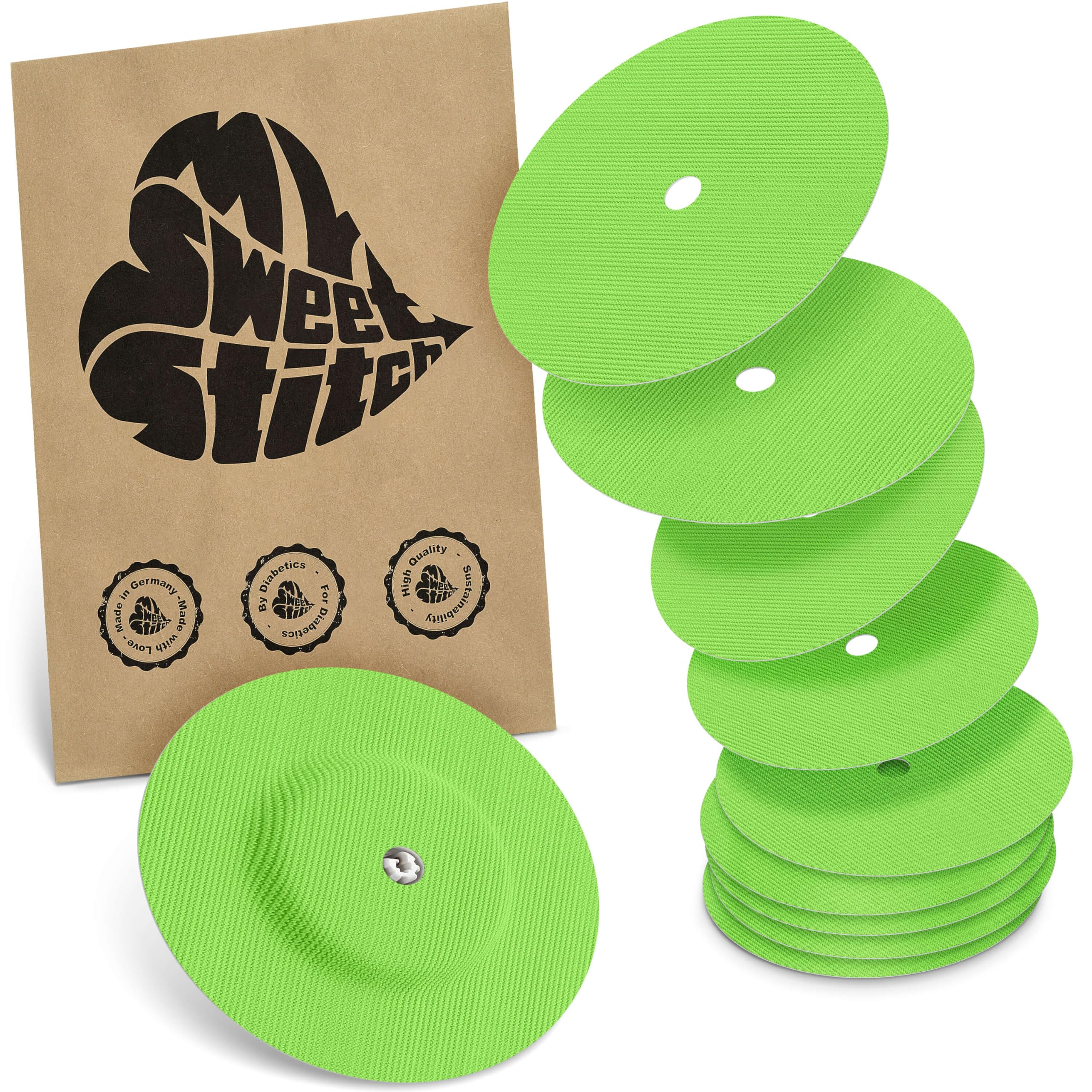 MySweetStitch - 10 x Freestyle Libre 1 & 2 Round Patches with Ventilation Hole, Overpatch Ø 65mm, Waterproof, Breathable, Made in Germany, Green