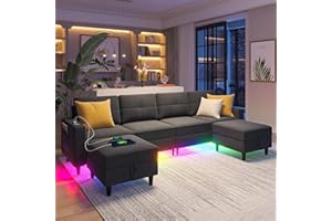 SKKTKT LED Sectional Couches for Living Room, Modular Sectional Sofa Set with Storage Ottomans, Oversized U Shaped Sofa Couch with Auto Sensor RGB Lights and Charging Station (Dark Grey)