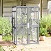 Wooden Outdoor Cat Catio Enclosure with Platforms and Hammock Gray | Weatherproof wooden cat catio with mesh walls platforms and hammock. Safe play space for cats indoors patio backyard garden.