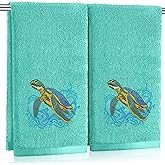 SmoothNovelty 2 Pcs Sea Turtle Hand Towels Teal Bathroom Decor 14x29 Inch Embroidered 100% Cotton Soft Absorbent Spring Summer Decorative Hand Towels for Bathroom Kitchen