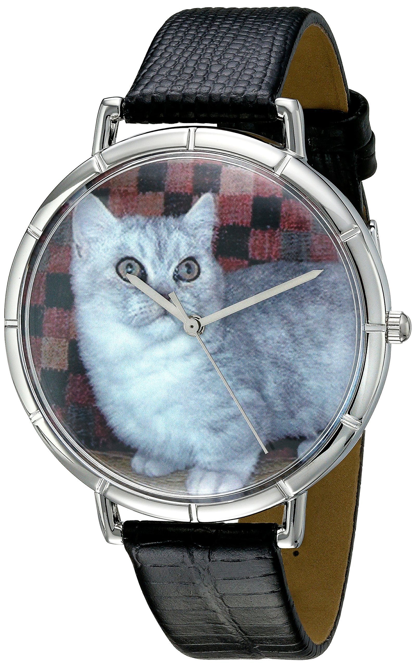 Whimsical Watches Munchkin Cat Black Leather and Silvertone Photo Unisex Quartz Watch with White Dial Analogue Display and Multicolour Leather Strap T-0120047
