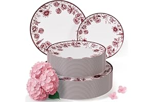 Trendables Disposable Plates for Party Supplies | Burgundy Floral Plastic Plates for Wedding 40 Pcs - 20 X 8 & 20 X 10 Dinner