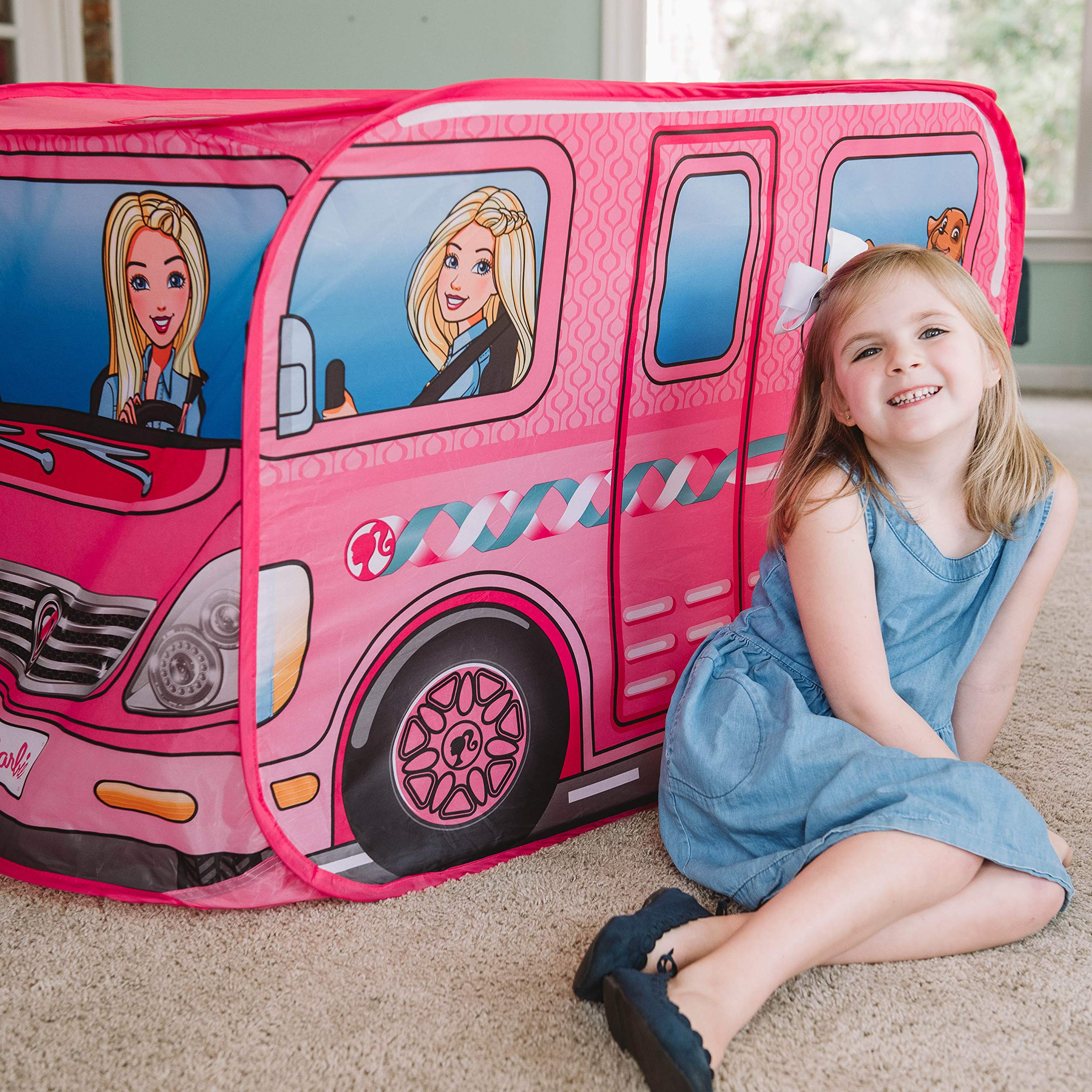 Sunny Days Entertainment Barbie Dream Camper Pop Up Play Tent Pink Indoor Playhouse for Kids Gift for Girls