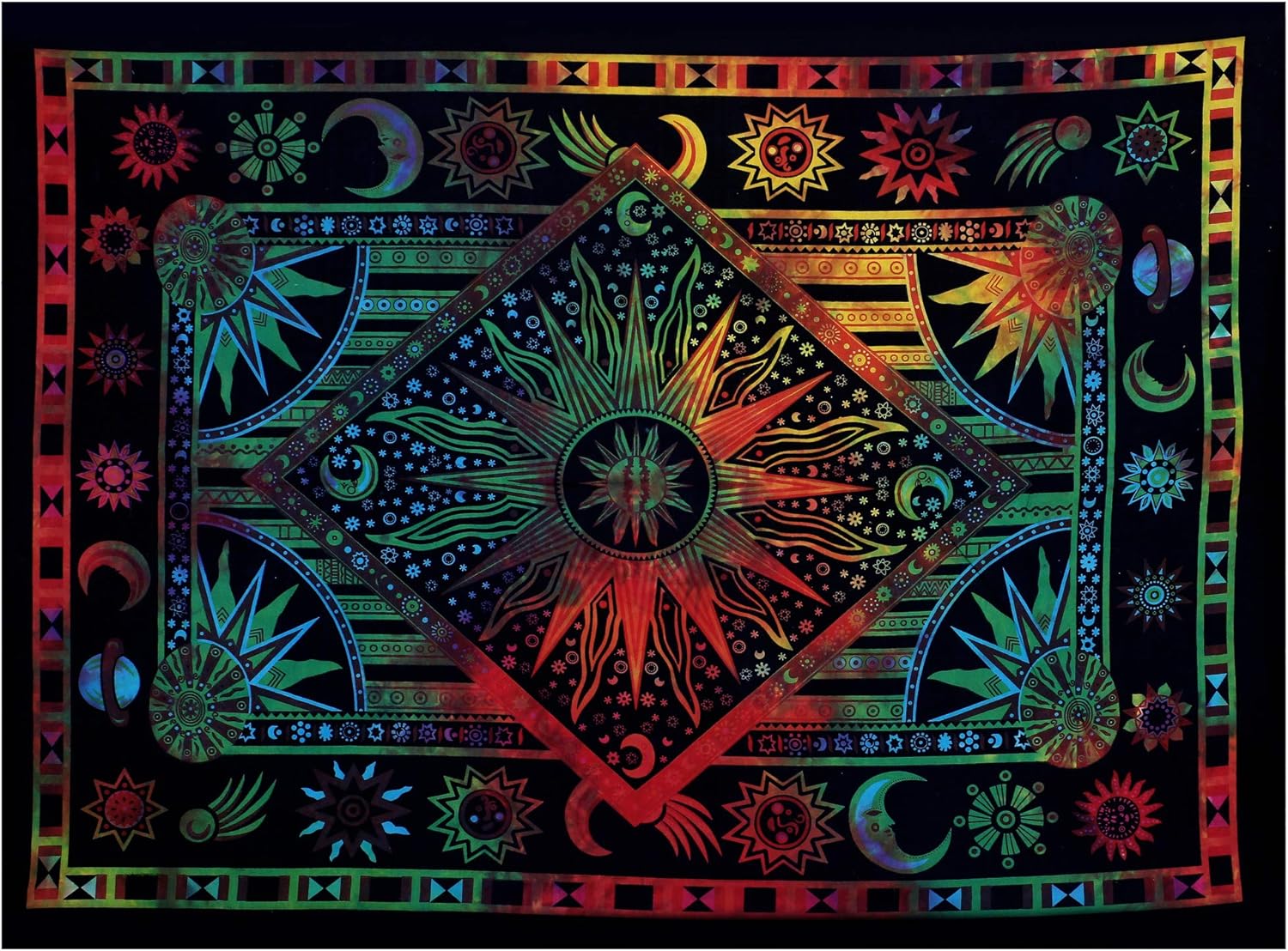 Tapestries - THE ART BOX Burning Sun Tie Dye Tapestry, Celestial Sun Moon Star Planet Bohemian Poster Trippy Tablecloth Psychedelic Bedspread Wall Hanging Boho Hippie Beach Coverlet Curtain (Poster (77 x 102 Cms / 30 x 40 Inches))