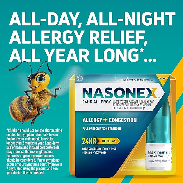 NASONEX 24HR ALLERGY NASAL SPRAY, NON-DROWSY, SCENT-FREE MIST, ALLERGY SYMPTOMS + NASAL CONGESTION, FULL PRESCRIPTION STRENGTH, 60 SPRAYS