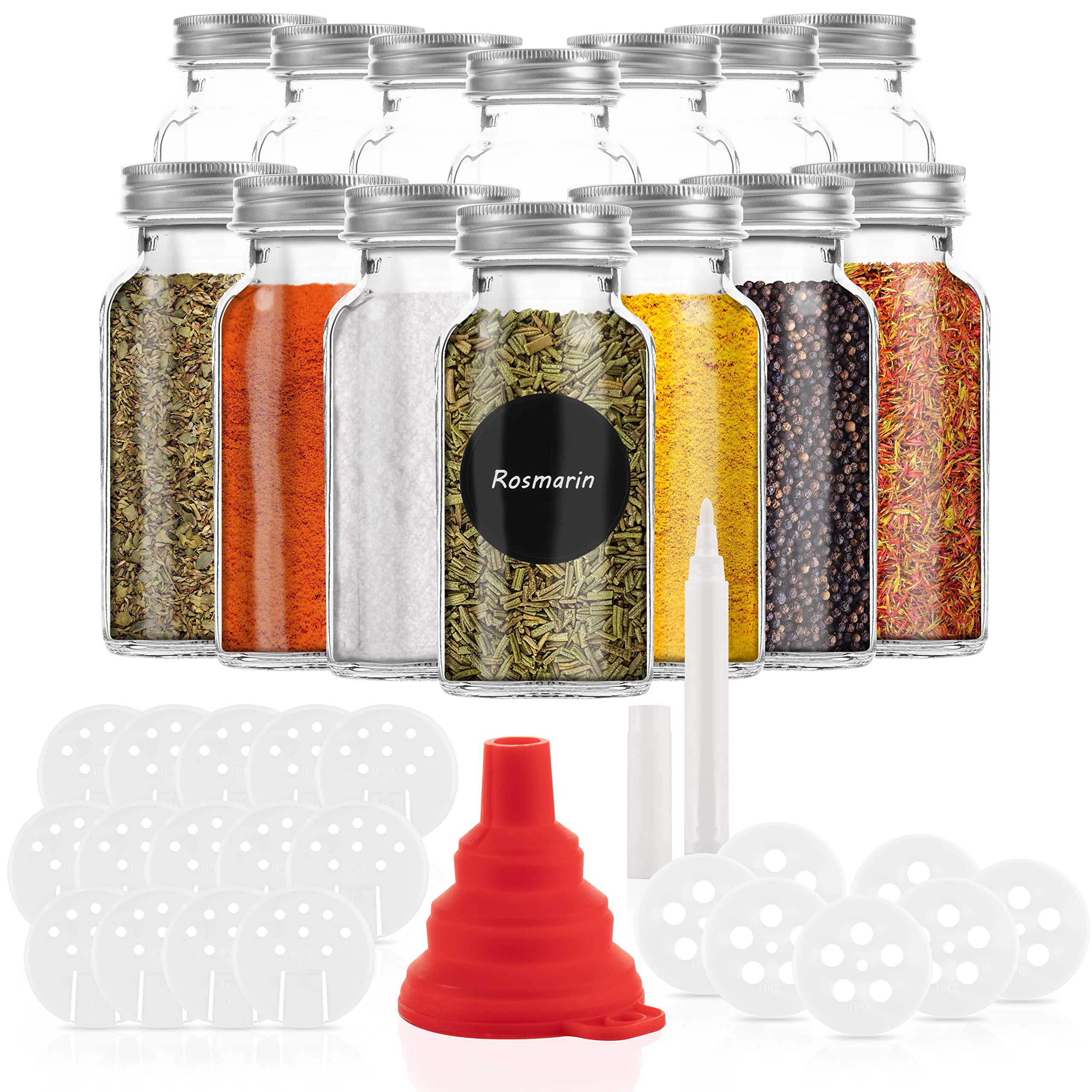 14 Spice Jars Set 170ml with 21 Spouts - Glass jars with a capacity of 170ml - Reusable jars with airtight lids - Printed and unprinted labels - With pen
