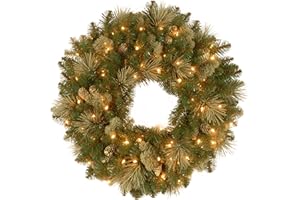 National Tree Company Pre-Lit Artificial Christmas Wreath, Green, Carolina Pine, White Lights, Decorated with Pine Cones, Christmas Collection, 24 Inches
