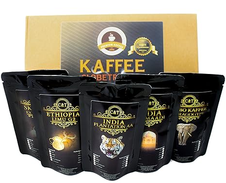 Kaffee Globetrotter - Echte Raritäten - Box (Ganze Bohne) - 5 Mal 100g Raritäten Spitzenkaffee - Werden Sie Zum Entdecker - G