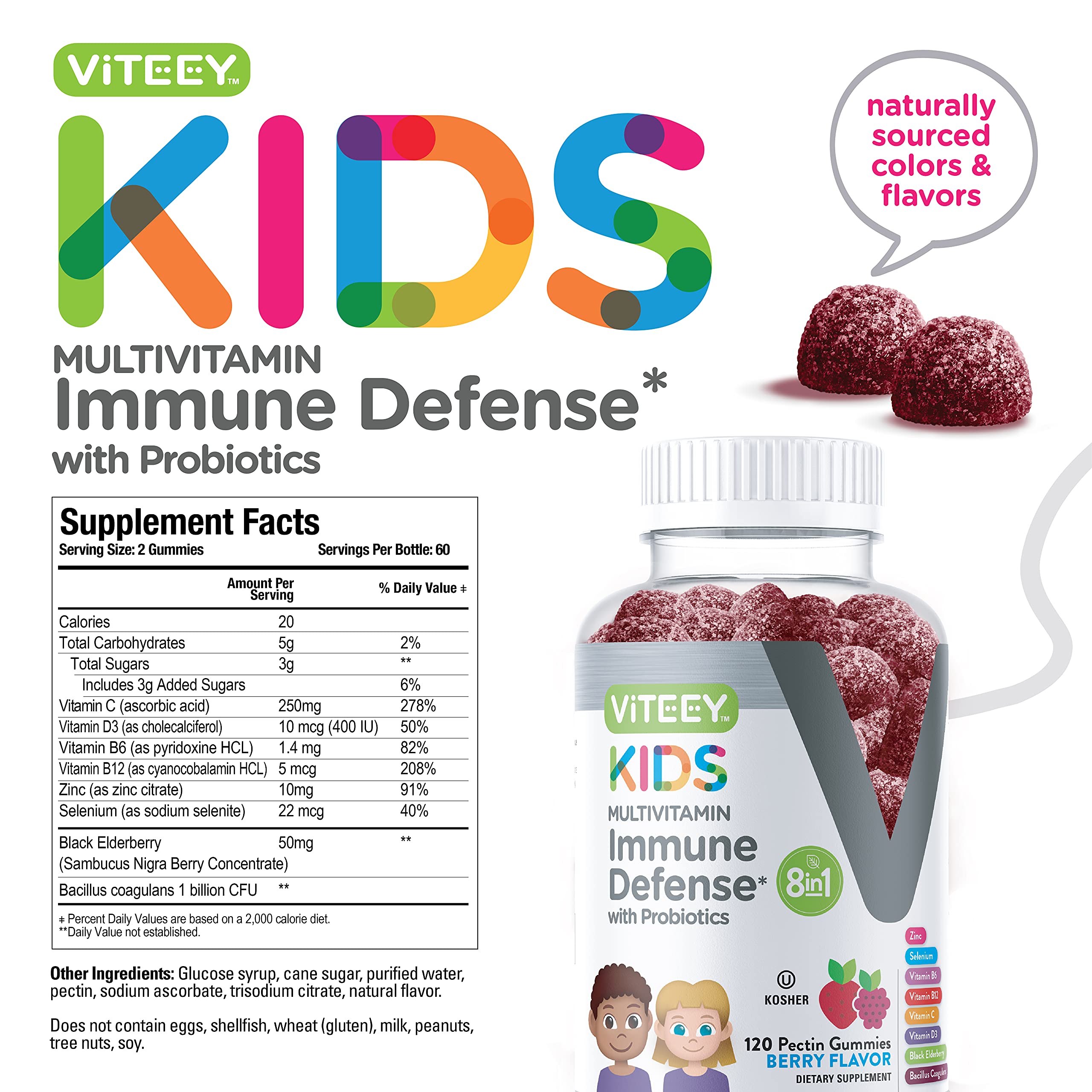 Viteey Kids Multivitamin Gummies with Probiotics - 8-1 Kids Vitamins for Immune Health Support with Vitamin C, D3, B12, B6, Zinc, Elderberry, Selenium - Vegetarian - Chewable Tasty Berry Flavored