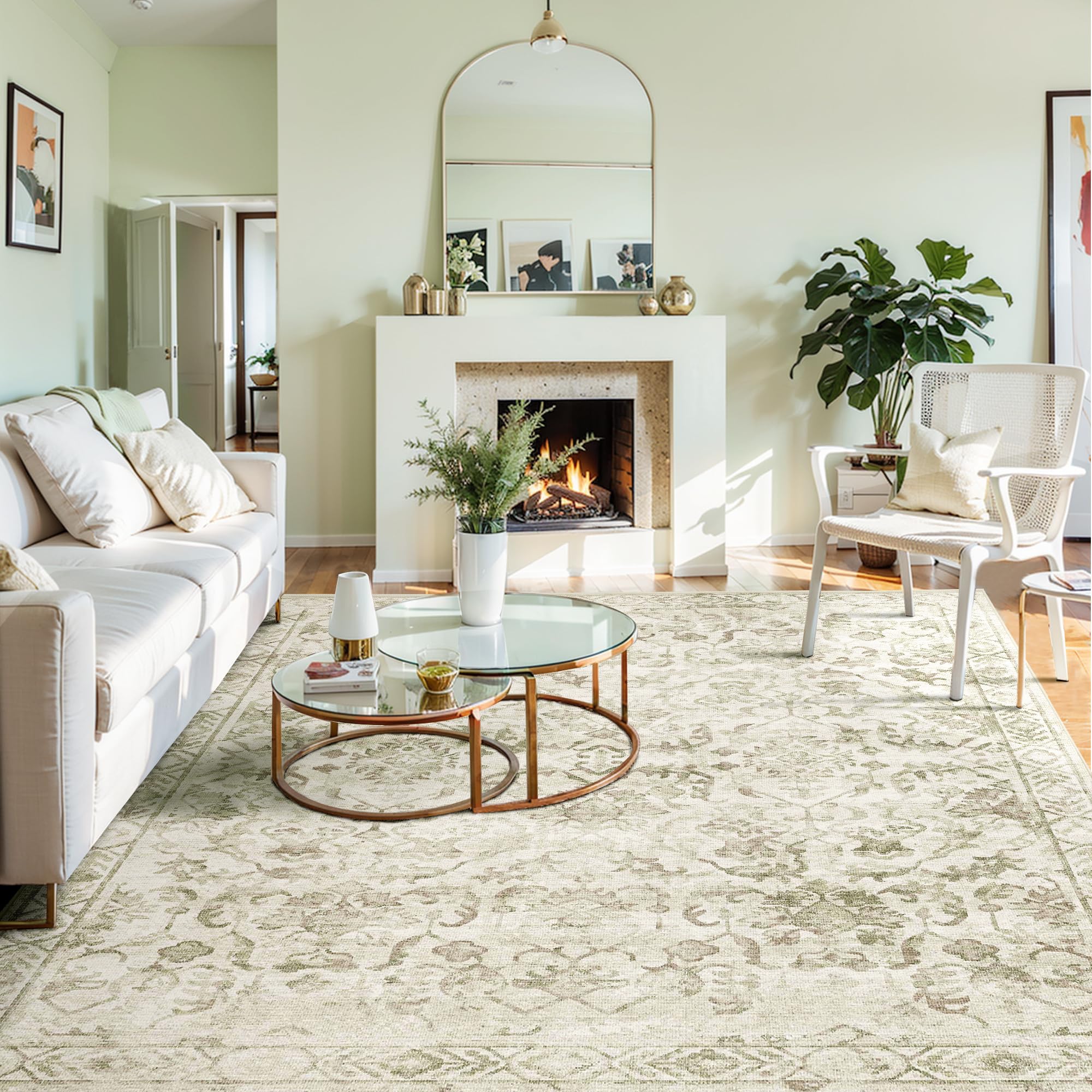 Photo 1 of Sage Green Vintage Living Room Area Rug 5x7 for Playroom, Washable Distressed Farmhouse Soft Thin Non-Shedding Indoor Throw Rug, Traditional Accent Floral Print Carpet for Bedroom Office