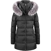 CREATMO US Women's Winter Snow Jacket Long Fur Puffer Coat With Removable Faux Fur Trim
