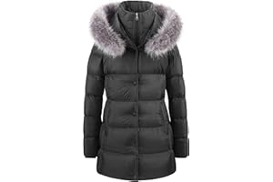 CREATMO US Women's Winter Snow Jacket Long Fur Puffer Coat With Removable Faux Fur Trim