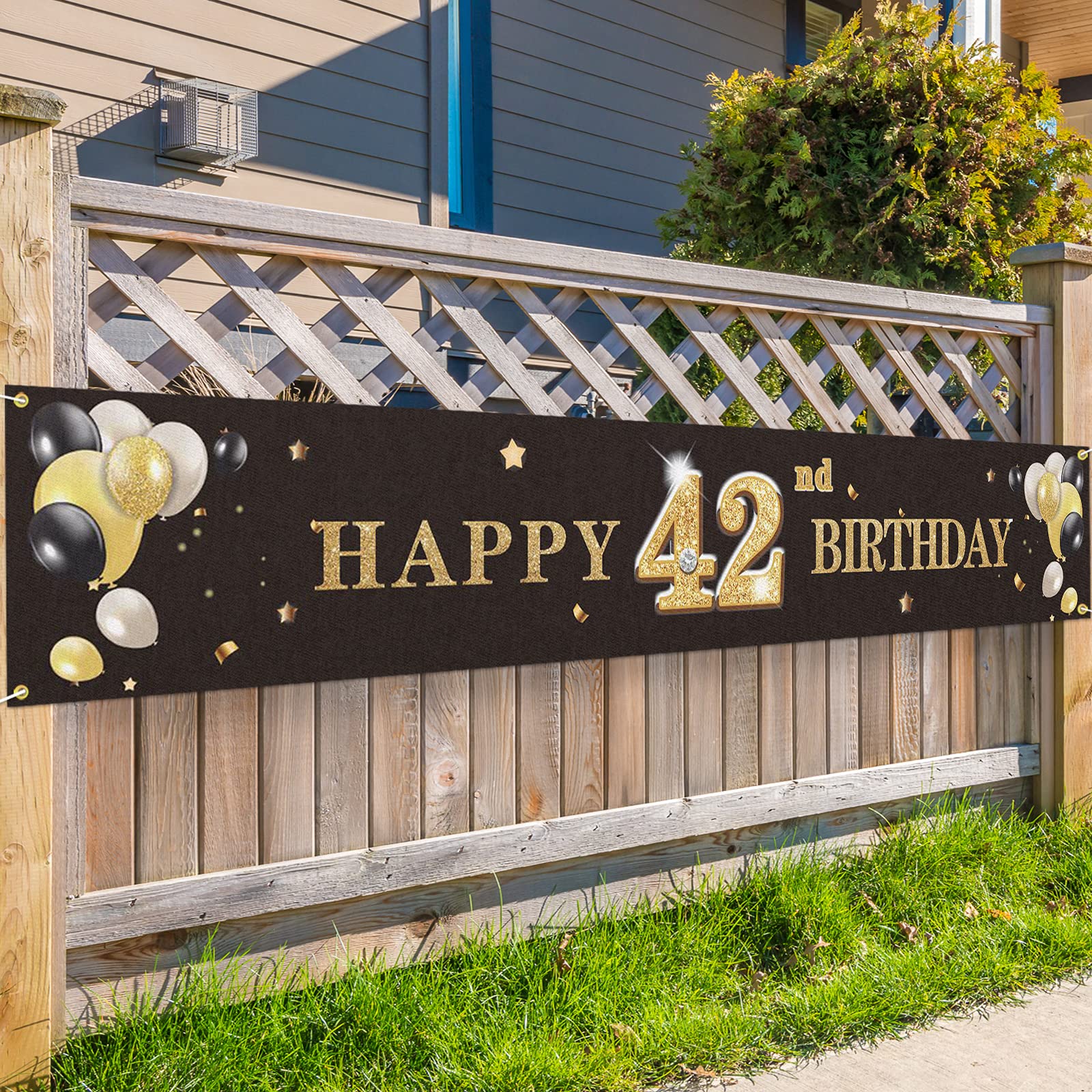 Photo 1 of PAKBOOM Happy 42nd Birthday Backdrop Banner Cheers to 42 Years Old Decorations Party Supplies Sign Black