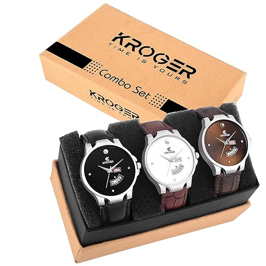 Analogue Black, White and Brown Mens Day and Date Watch -Combo Pack of 3
