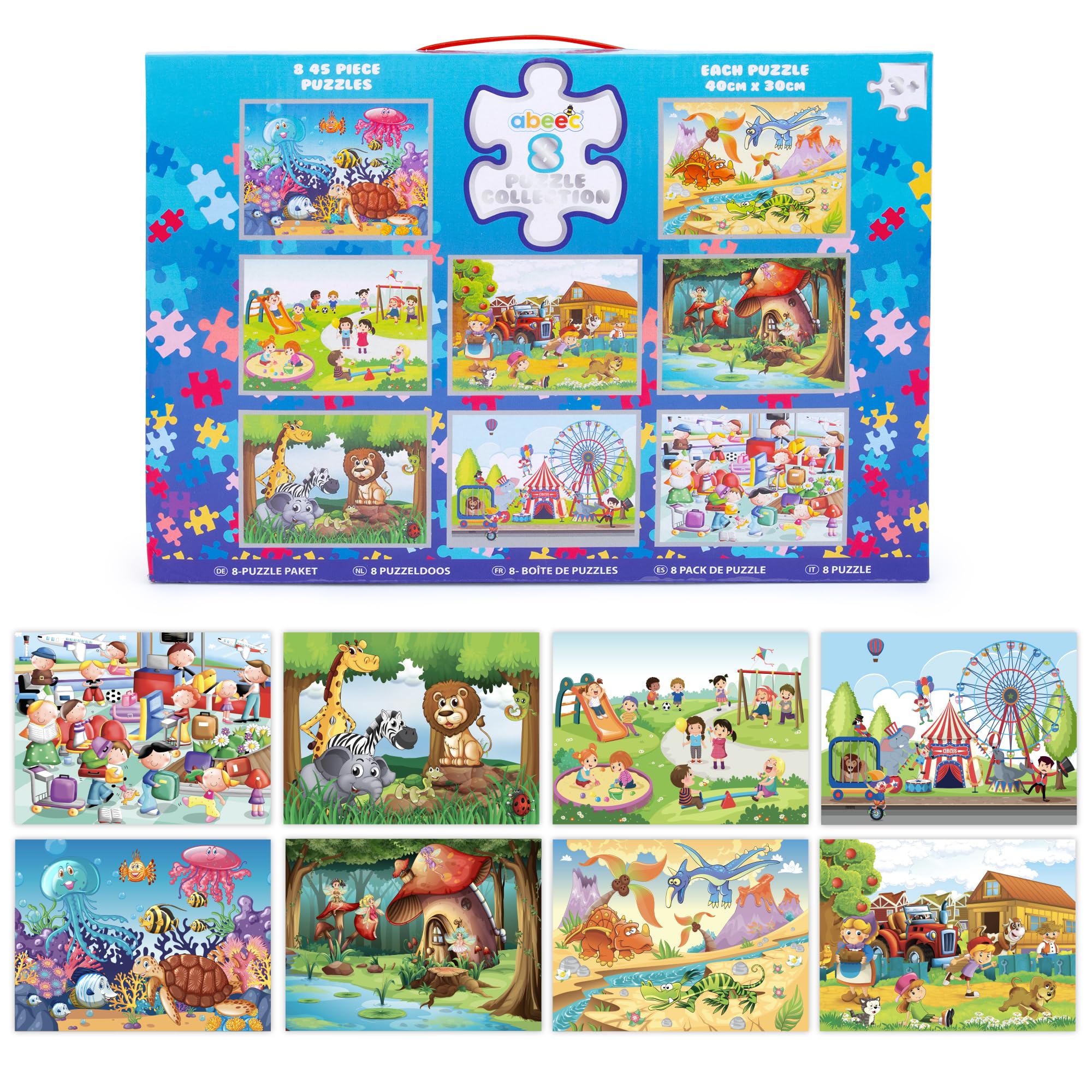 abeec 8 Puzzle Collection | 8 x 45 Piece Jigsaw Puzzles for Kids 3+ | Animal, Fairy, Dinosaur, Circus, Playground, Airport, Farm, Sealife in One Box