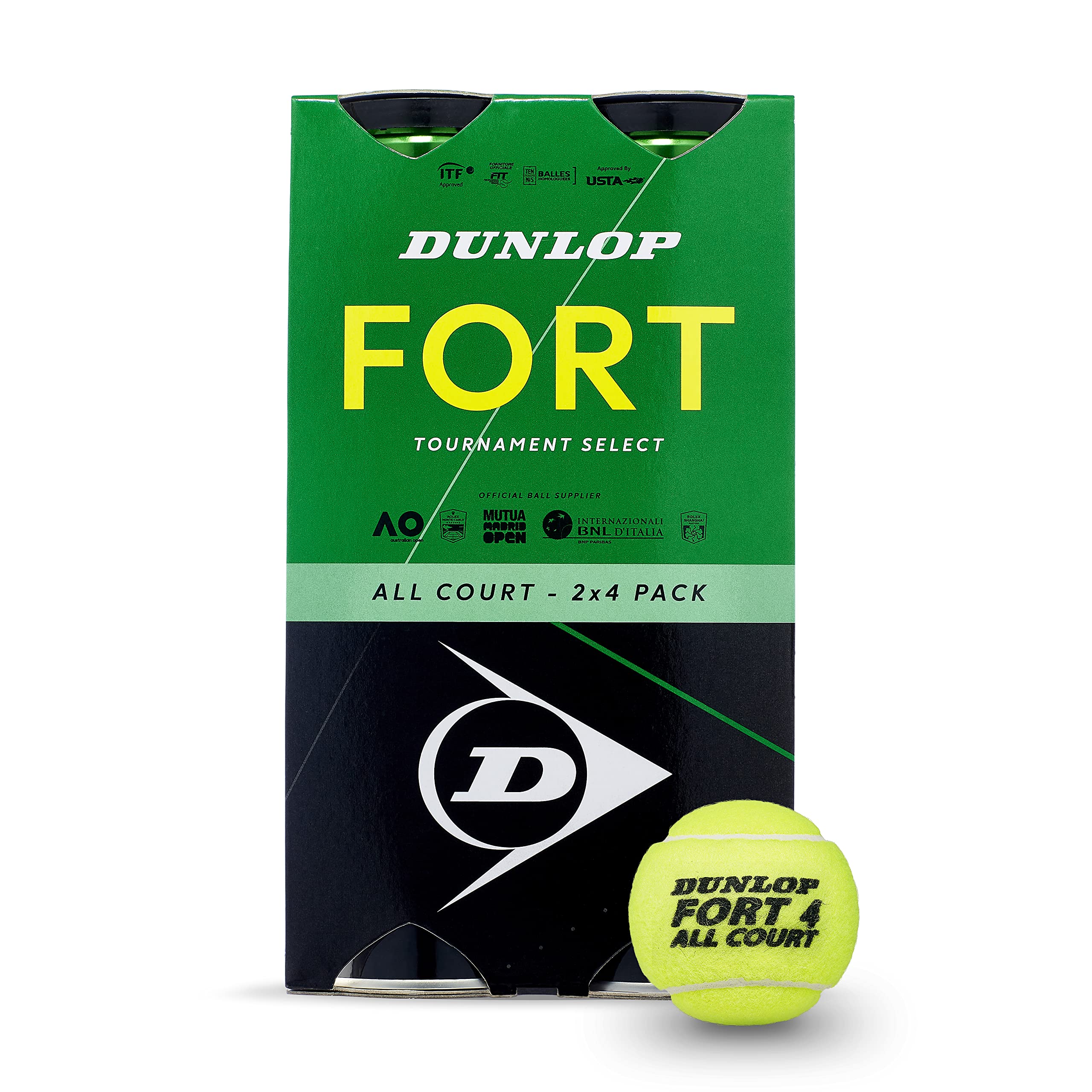 DUNLOP Tennis Ball Fort All Court TS - for Clay, Hard Court and Grass (2x4 Tin Cartonette), Yellow