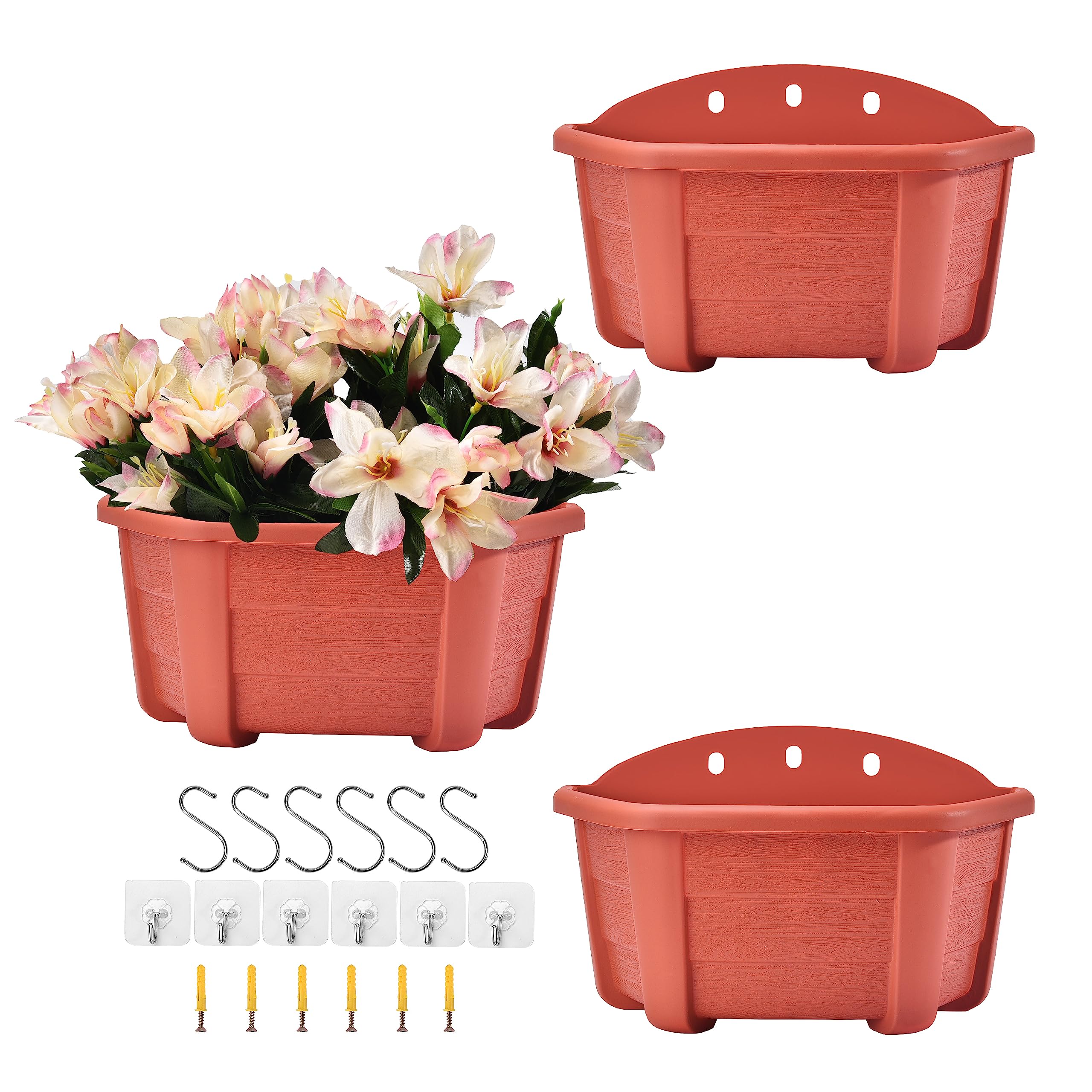ORIMERC 25cm Wall Hanging Planters Plastic Retro Style Railing Hanging Planters Plants Flowers Plastic Pots Baskets for Balcony Fence Garden Outdoor Indoor -Brick Red