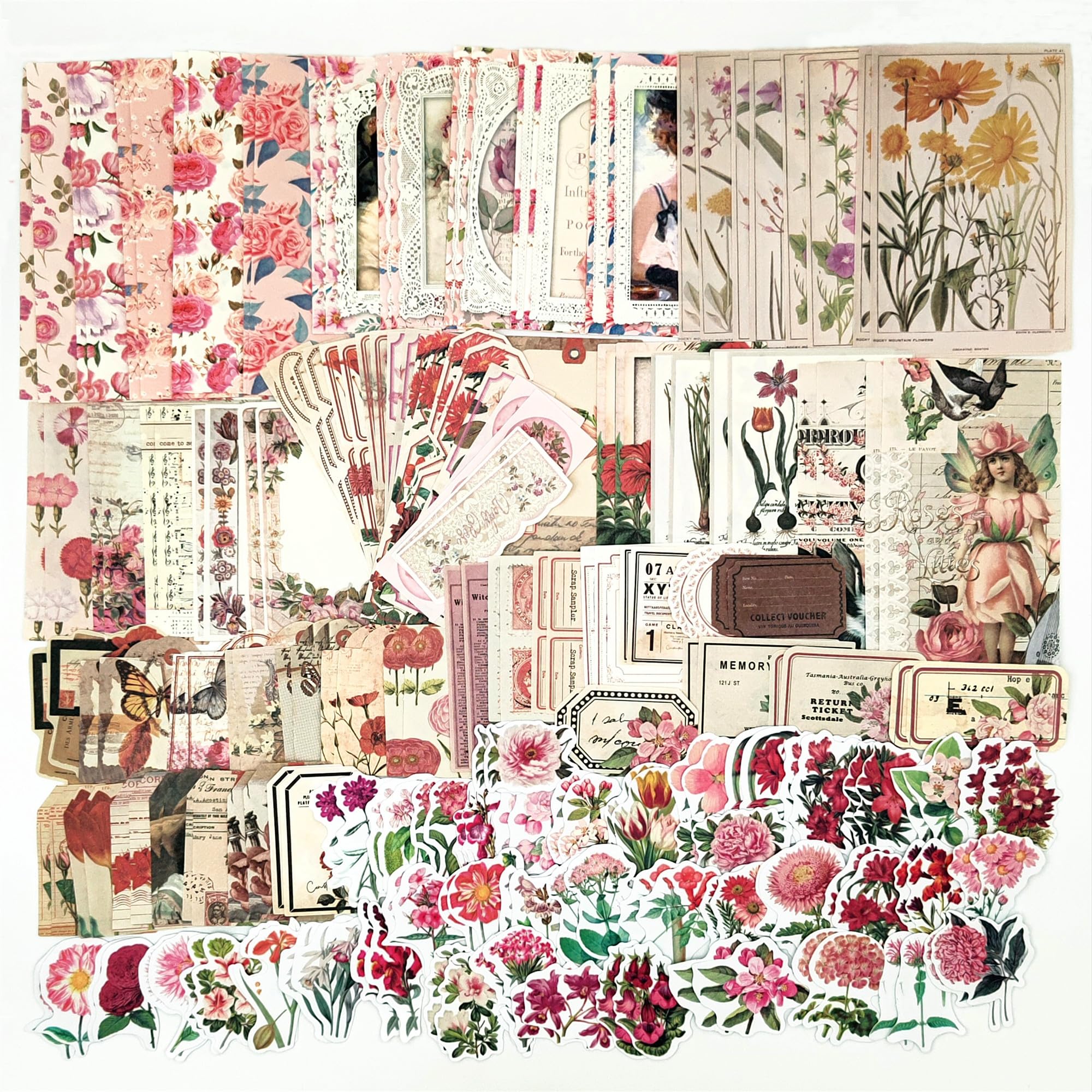 Photo 1 of 200PCS Vintage Scrapbooking Supplies Pack, Aesthetic Scrapbook Sticker Paper Art Journaling Kit for Bullet Junk Journals,Planner,Cottagecore Decor Gifts (Pink Series)