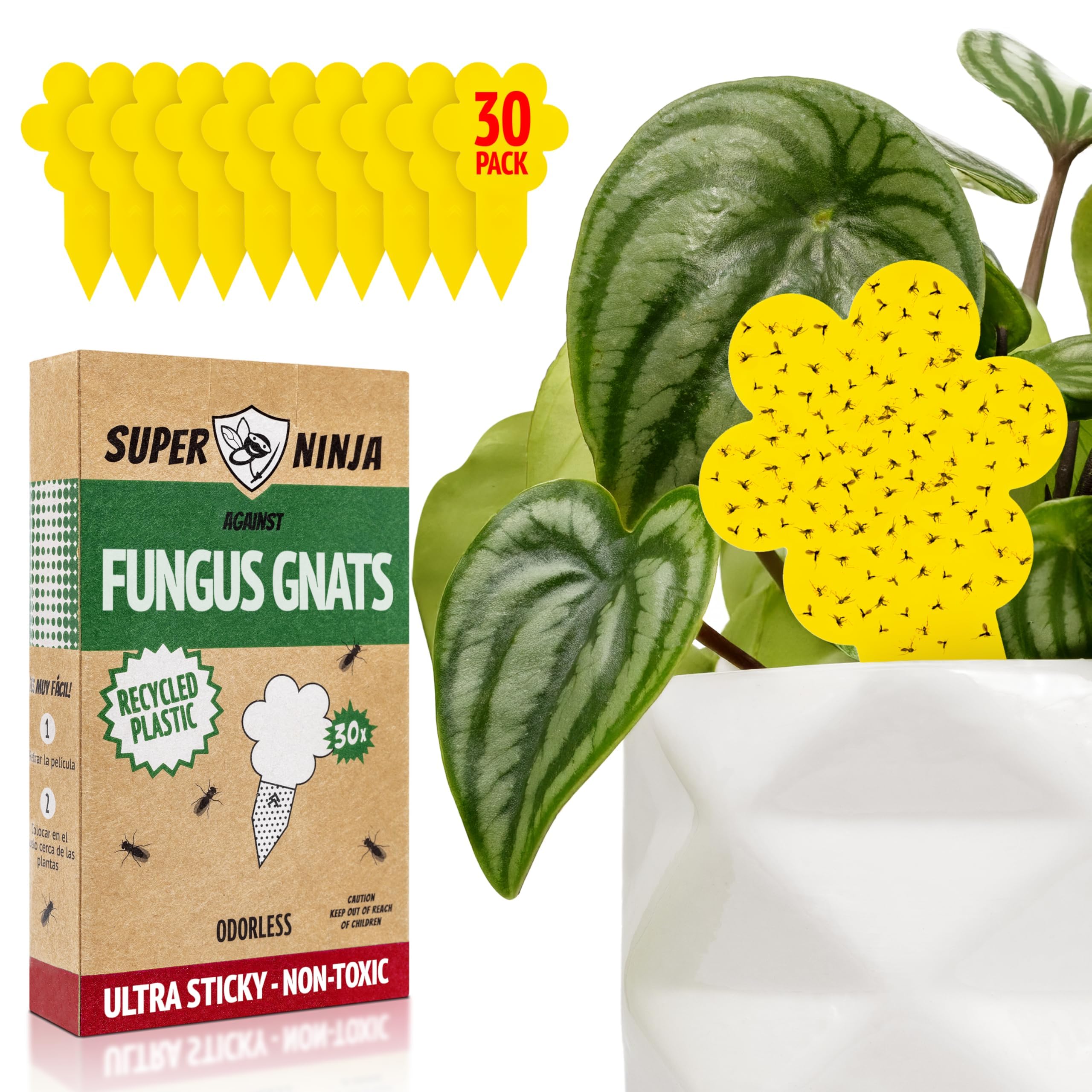 Super Ninja Fungus Gnat Killer - 30 Pack, Effective Gnat Killer for Indoor Plants, Non-Toxic & Nature-Friendly, Safe for Kids & Pets Yellow Sticky Fly Traps, Lasts Up to 3 Months