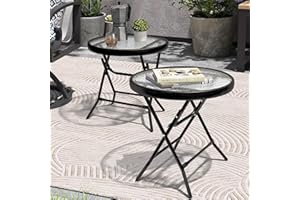 PATIOHIT Foldable Patio Side Table Set of 2 with Tempered Glass Top 18" Folding Outdoor Side Tables Set of 2 Small Glass Patio End Tables for Porch Yard Balcony Deck Lawn Dining Garden (Black)