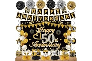 Turypaty Happy 50th Anniversary Decorations Kit, Black Gold 50th Wedding Anniversary Party Supplies - Large Happy 50th Anniversary Banner Backdrop, Table Centerpieces, Hanging Swirl, Parper Pompoms