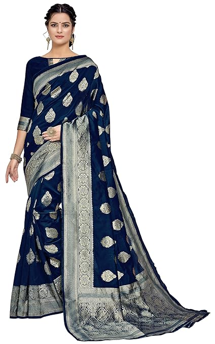 KEDARFAB Womens Banarasi Art Silk Saree With Blouse Piece (BLUE KASTURI SAREE_Navy Blue)