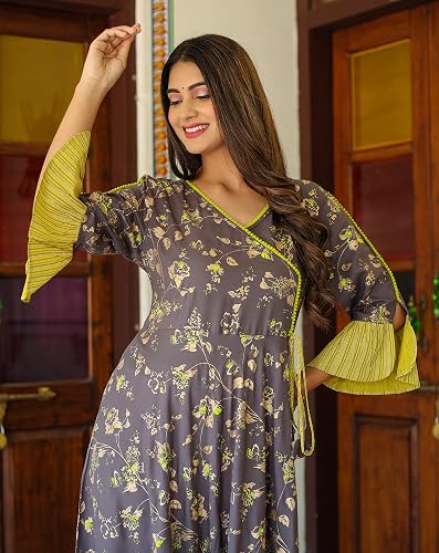 Yash Gallery Women's Floral Printed Anarkali Kurti - Rayon Long Kurti With Bell Sleeves (Grey, XXL)